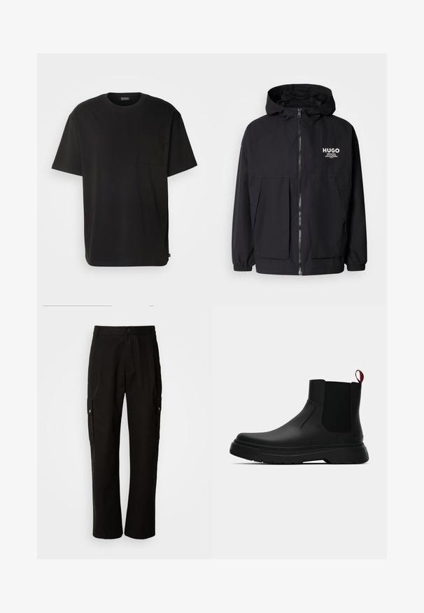 Must tumes jakk, millel on täispikktõmblukk, elastsed mansetid ja kaks esist pocketit. Prinditud logo vasakul rinnal. Sile tekstuur.; Must musta lühikeste varrukatega T-särk, mis on valmistatud puuvillast. Omab rinna taskut ja lõdva sobivust. Lihtne disain ilma nähtavate mustrite või aktsentideta.; Mustad mustadeks rõivasteks mõeldud puuvillased püksid, millel on lõdva istuvuse disain, küljetaskud, nööbiga sulgemine ja sirged sääred. Lihtne disain ilma mustriteta.; Mustad musta värvi ankle boot, millel on sile viimistlus, elastsed külgpaneelid ja kontrastne punane tõmbetaba. Saapadel on paks kummist tald ja ümar varvas.