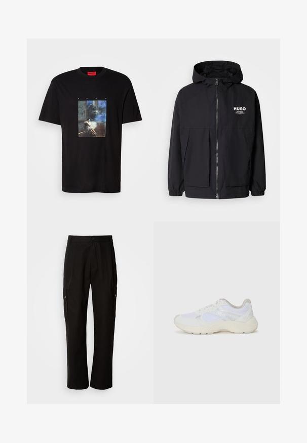 Czarna kurtka z kapturem z pełnym zamkiem z przodu, elastycznymi mankietami i podwójnymi kieszeniami z przodu. Drukowane logo na lewej piersi. Gładka faktura.; Czarny t-shirt Hugo z grafiką przedstawiającą kobietę siedzącą na podłodze w ciemnym pomieszczeniu na tle w odcieniach niebieskiego, z napisem "HUGO" powyżej.; Czarne spodnie cargo wykonane z bawełny, o luźnym kroju, z bocznymi kieszeniami, z zapięciem na guzik i prostymi nogawkami. Prosty design bez wzorów.; Białe sportowe buty wykonane z siateczki i zamszu, z teksturowaną podeszwą środkową, teksturowanymi akcentami i logo "HUGO" z boku.