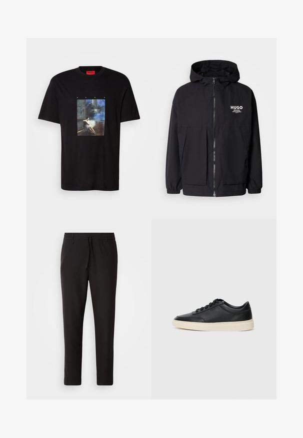Černá kapucňová bunda s plným předním zipem, elastickými manžetami a dvojitými předními kapsami. Tištěné logo na levém prsu. Hladká textura.; Černé tričko Hugo s grafikou ženy sedící na podlaze v tmavé místnosti s pozadím v modrých tónech a textem "HUGO" nahoře.; Černé teplákové kalhoty vyrobené z hladké látky. Mají elastický pas se šňůrkou, zúžené nohavice a žádné viditelné kapsy. Jednoduchý design.; Černé kožené nízké tenisky s černými tkaničkami a slonovinovou podešví, zobrazené v bočním profilu na bílém pozadí.