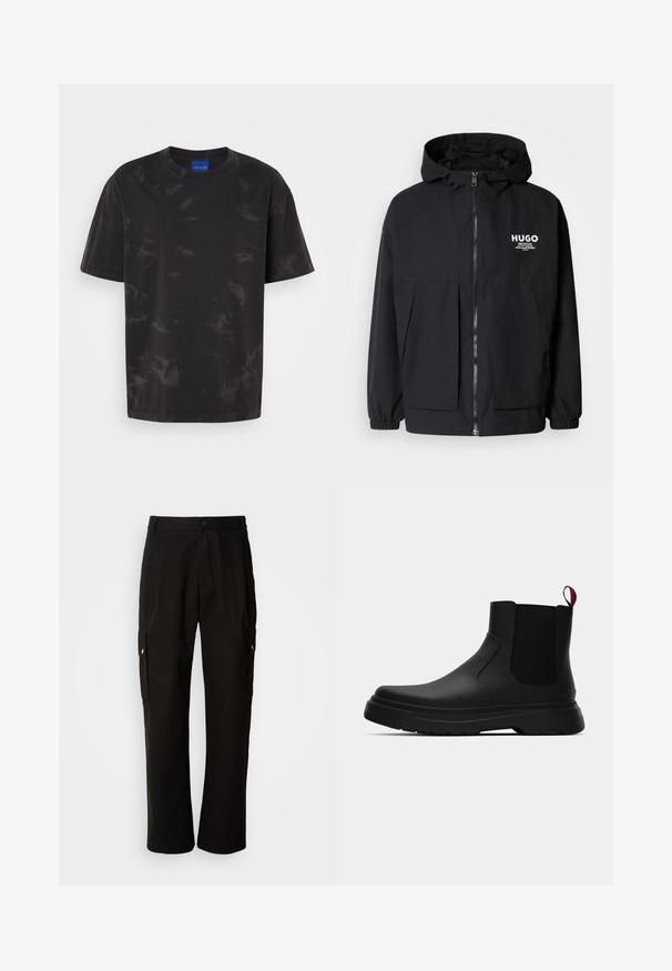Μαύρο μπουφάν με κουκούλα που διαθέτει πλήρες μπροστινό φερμουάρ, ελαστικές μανσέτες και διπλές μπροστινές τσέπες. Εκτυπωμένο λογότυπο στο αριστερό στήθος. Απαλή υφή.; Μαύρο βαμβακερό μπλουζάκι με στρογγυλή λαιμόκοψη, κοντά μανίκια και διακριτό τονικό αφηρημένο σχέδιο. Διαθέτει λεπτομέρειες με κουμπιά στους ώμους.; Μαύρο cargo παντελόνι από βαμβάκι με χαλαρή εφαρμογή, διαθέτει πλαϊνές τσέπες, κλείσιμο με κουμπί και ίσια πόδια. Απλό σχέδιο χωρίς μοτίβα.; Μαύρη αστράγαλη μποτάκι με λείο φινίρισμα, ελαστικές πλευρικές πάνελ και εναν αντίθετο κόκκινο χερούλι, με παχιά καουτσούκ σόλα και στρογγυλή μύτη.