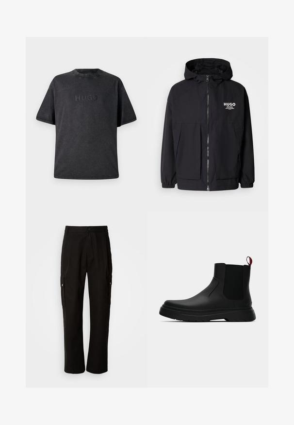 Svart hettegenser med full frontglidelås, elastiske mansjetter og doble frontlommer. Trykt logo på venstre bryst. Glatt tekstur.; Svart kortermet t-skjorte laget av bomull med rund hals. Har en debossert "HUGO"-logo på forsiden. Glatt tekstur med sømdetaljer.; Svart cargobukse laget av bomull med avslappet passform, med sidelommer, knappeåpning og rette ben. Enkelt design uten mønstre.; Sorte ankelstøvler med en glat overflade, elastiske sidepaneler og en kontrastfyldt rød trækflik, med en tykk gummisål og rund tå.