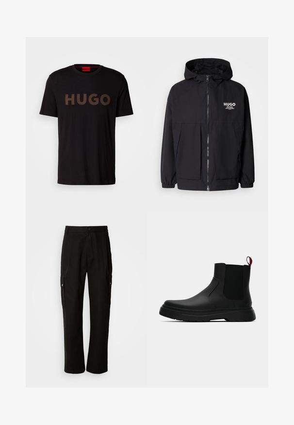 Černá kapucňová bunda s plným předním zipem, elastickými manžetami a dvojitými předními kapsami. Tištěné logo na levém prsu. Hladká textura.; Černé bavlněné tričko s velkým, texturovaným bronzovým logem "HUGO" na přední straně. Má kulatý výstřih a krátké rukávy.; Černé cargo kalhoty vyrobené z bavlny s uvolněným střihem, vybavené bočními kapsami, zapínáním na knoflík a rovnými nohavicemi. Jednoduchý design bez vzorů.; Černé kotníkové boty s hladkým povrchem, elastickými bočními panely a kontrastním červeným poutkem, s tlustou gumovou podrážkou a zaoblenou špičkou.