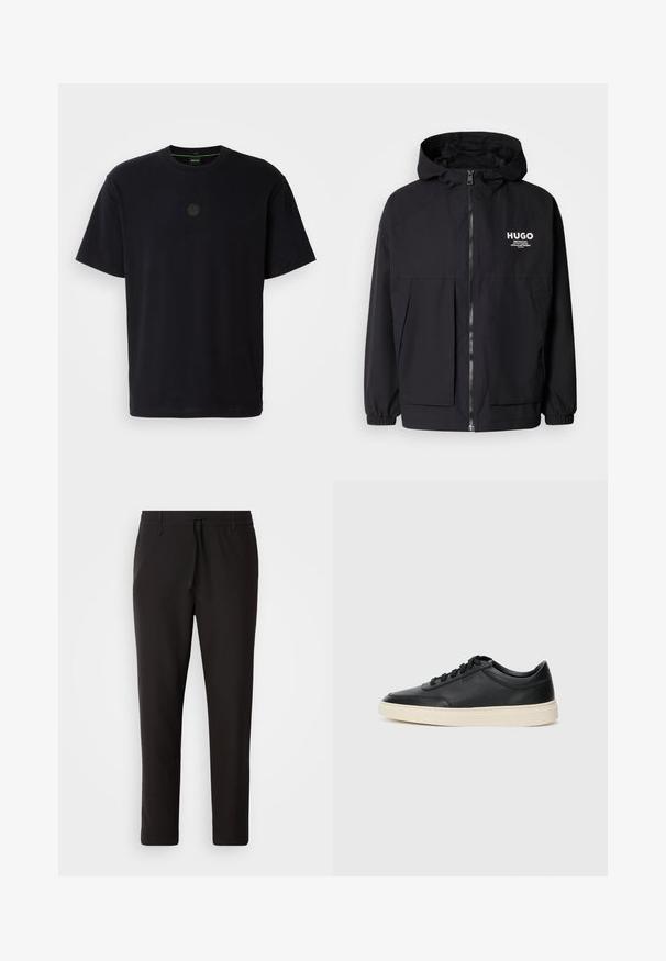 Must tumes jakk, millel on täispikktõmblukk, elastsed mansetid ja kaks esist pocketit. Prinditud logo vasakul rinnal. Sile tekstuur.; Must have t-särk, lühikeste varrukatega, pehmest kangast, ümmarguse kaeluse ja tumeda pruuni alkeemilise logoga rinnal.; Mustad jogger-püksid, mis on valmistatud siledast kangast. Omavad elastset pihaotsikut koos paelaga, kitsenevaid jalaosi ja nähtamatuid taskuid. Lihtne disain.; Mustad musta nahast madal sneaker mustade nööpidega ja kreemivalge tallaga, nähtud külgprofiilis valge tausta ees.