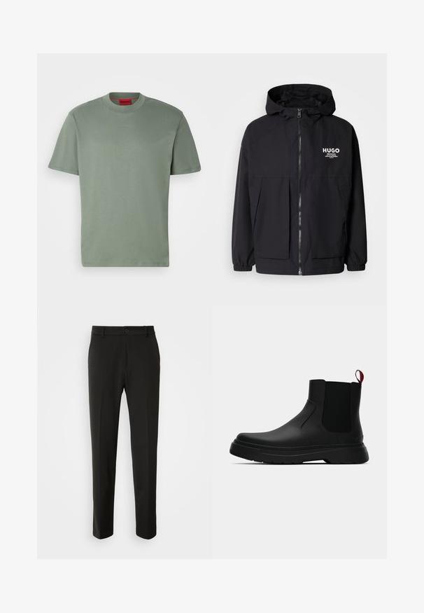 Melnā kapuce jaka ar pilnu priekšējo rāvējslēdzēju, elastīgām piedurknēm un divām priekšējām kabatām. Izdrukāts logo kreisajā krūtī. Gluda tekstūra.; Zaļš kokvilnas T-krekls ar apaļu kakla izgriezumu, īsām piedurknēm, ar reljefotu "HUGO" logo atbilstošā tonī uz priekšpuses. Gluda tekstūra.; Melnas bikses no gludas auduma ar taisnām kājām, pogu aizdari un klasisku dizainu, kas piemērots gan formālai, gan ikdienišķai valkāšanai.; Melnas potītes ar gludu apdari, elastīgiem sānu paneļiem un kontrastējošu sarkano cilpu, aprīkotas ar biezu gumijas zoli un noapaļotu purngalu.