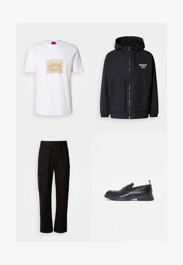 Svart hettegenser med full frontglidelås, elastiske mansjetter og doble frontlommer. Trykt logo på venstre bryst. Glatt tekstur.; Hvit bomulls T-skjorte med et stort, beige grafikk av lepper innenfor en prikket firkant, med "HUGO" tekst over designet.; Svart cargobukse laget av bomull med avslappet passform, med sidelommer, knappeåpning og rette ben. Enkelt design uten mønstre.; Sorte skinnloafers med rund tå, detalj med frontstropp og lav gummisåle. Har diskret søm og en bakre trekkstropp.