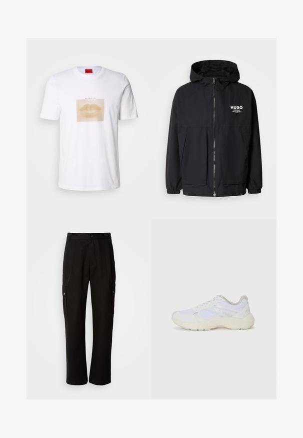 Černá kapucňová bunda s plným předním zipem, elastickými manžetami a dvojitými předními kapsami. Tištěné logo na levém prsu. Hladká textura.; Bílý bavlněný tričko se velkým béžovým grafickým motivem rtů ve tečkovaném čtverci, s nápisem "HUGO" nad designem.; Černé cargo kalhoty vyrobené z bavlny s uvolněným střihem, vybavené bočními kapsami, zapínáním na knoflík a rovnými nohavicemi. Jednoduchý design bez vzorů.; Bílé sportovní boty vyrobené z síťoviny a semiše, s texturovanou mezipodešví, texturovanými akcenty a logem "HUGO" na boku.