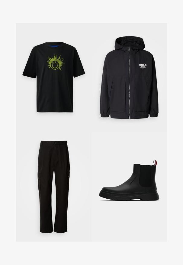 Svart huva jacka med full dragkedja fram, elastiska ärmslut och dubbla framfickor. Tryckt logotyp på vänster bröst. Slät textur.; Svart bomullströja med korta ärmar, med en grön solgrafik och smiley-ansiktsdesign, där bokstäverna "HGO" är integrerade.; Svarta cargobyxor i bomull med avslappnad passform, utrustade med sidofickor, knapplås och raka ben. Enkelt design utan mönster.; Svarta ankelstövlar med en slät yta, elastiska sidopaneler och en kontrasterande röd dragflik, med en tjock gummisula och rund tå.