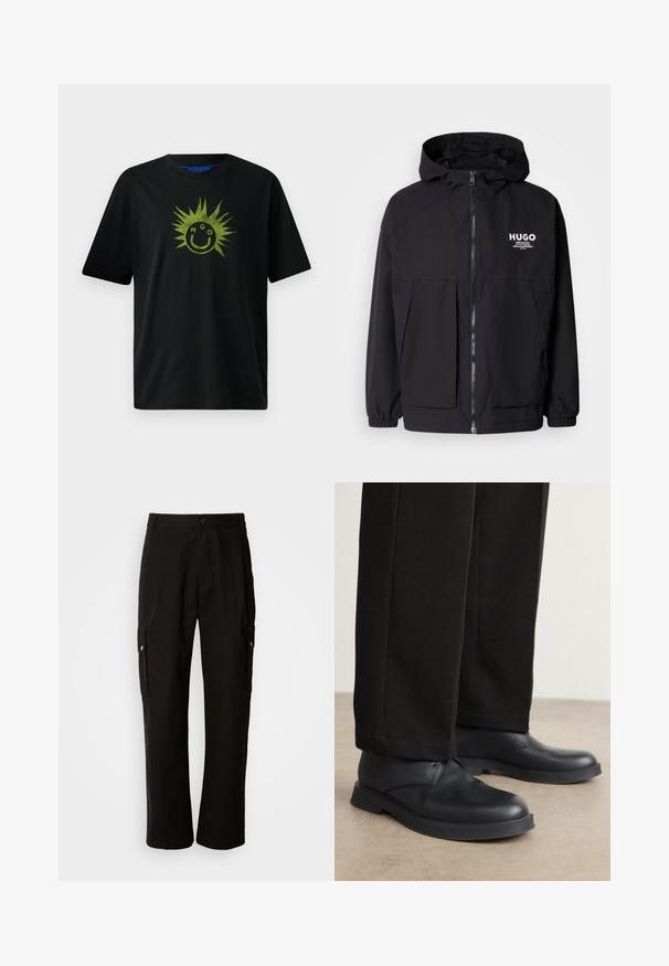 Sort hættejakke med lynlås foran, elastiske manchetter og to foran lommer. Trykt logo på venstre bryst. Glat tekstur.; Sort bomulds t-shirt med korte ærmer, der har et grønt solgrafik og smilende ansigt design, med bogstaverne "HGO" inkorporeret.; Sorte cargo bukser lavet af bomuld med en afslappet pasform, der har sidelommer, knaplukning og lige ben. Enkel design uden mønstre.; Sorte lædersko med rund tå, flad sål og minimal udsmykning. Sammen med skræddersyede sorte bukser, der viser en glat tekstur.
