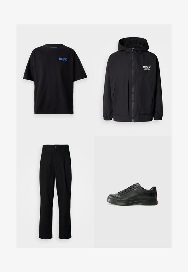 Svart hettegenser med full frontglidelås, elastiske mansjetter og doble frontlommer. Trykt logo på venstre bryst. Glatt tekstur.; Svart bomull T-skjorte med en avslappet passform, med et blått "Hug" logo på brystet, rund hals og kortermede ermer. Enkelt design.; Sorte bukser med rette ben, med knappet liv, belteholdere og frontfold, vist mot en enkel hvit bakgrunn.; Svarte lærsneakers med teksturert overdel, polstret krage og rød logodetalj. Har en tykk gummisåle med tydelig mønster.