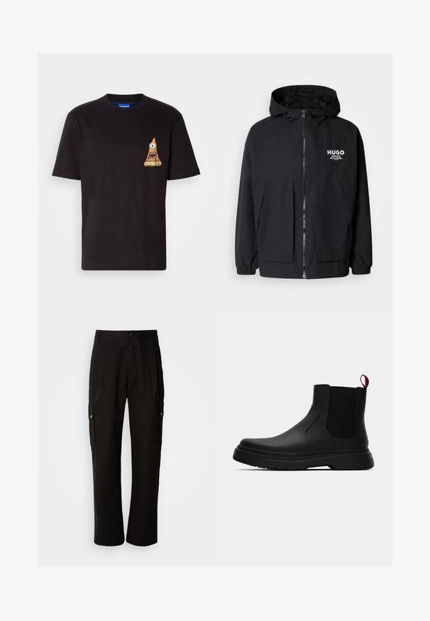 Juodas gobtuvas striukė su pilnu priekiniu užtrauktuku, elastinėmis rankovėmis ir dviem priekinėmis kišenėmis. Spausdintas logo ant kairės krūtinės. Lygus tekstūruotas paviršius.; Juodas medvilninis marškinėlis su apykakle, su spalvinga grafika, vaizduojančia monstru su viena akimi ir burna kairiajame krūtinės srityje.; Juodos krovinių kelnės, pagamintos iš medvilnės, laisvo kirpimo, su šoninėmis kišenėmis, mygtuko uždarymu ir tiesiomis kojomis. Paprastas dizainas, be raštų.; Juodas kulkšninis batas su lygiu paviršiumi, elastiniais šonų intarpais ir kontrastingu raudonu kilimėliu, turintis storą guminį pado ir apvalią nosį.