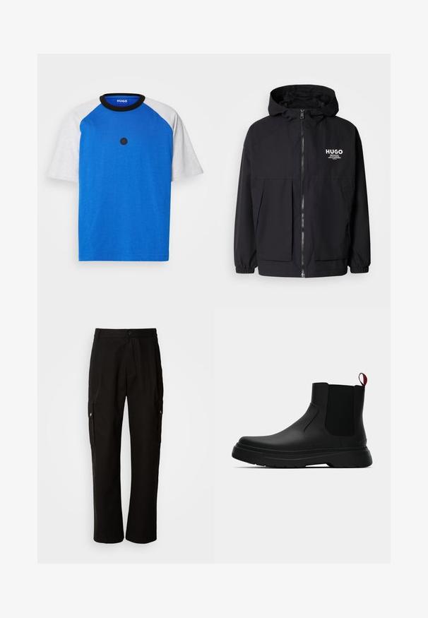 Must tumes jakk, millel on täispikktõmblukk, elastsed mansetid ja kaks esist pocketit. Prinditud logo vasakul rinnal. Sile tekstuur.; Sinine lühikese varrukaga T-särk hallide raglanis varrukatega, ümmargune must krae ja must ringikujuline logo ees. Sile puuvillane tekstuur.; Mustad mustadeks rõivasteks mõeldud puuvillased püksid, millel on lõdva istuvuse disain, küljetaskud, nööbiga sulgemine ja sirged sääred. Lihtne disain ilma mustriteta.; Mustad musta värvi ankle boot, millel on sile viimistlus, elastsed külgpaneelid ja kontrastne punane tõmbetaba. Saapadel on paks kummist tald ja ümar varvas.
