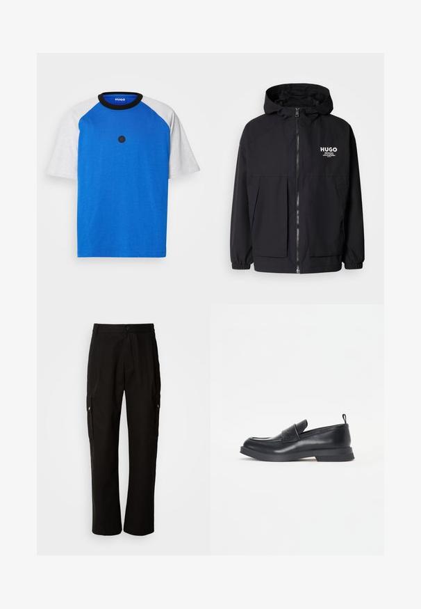 Must tumes jakk, millel on täispikktõmblukk, elastsed mansetid ja kaks esist pocketit. Prinditud logo vasakul rinnal. Sile tekstuur.; Sinine lühikese varrukaga T-särk hallide raglanis varrukatega, ümmargune must krae ja must ringikujuline logo ees. Sile puuvillane tekstuur.; Mustad mustadeks rõivasteks mõeldud puuvillased püksid, millel on lõdva istuvuse disain, küljetaskud, nööbiga sulgemine ja sirged sääred. Lihtne disain ilma mustriteta.; Mustad mustad kingad ümarate varvastega, esiosa rihmaga ja madala kummitaldiga. Hästi peene õmblusega ja taga on tõmblauad.