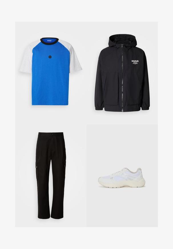 Black hooded jacket featuring a full front zip, elastic cuffs, and dual front pockets. Printed logo on the left chest. Smooth texture.; Blue short-sleeve t-shirt with gray raglan sleeves, round black collar, and a black circular logo on the front. Smooth cotton texture.; Black cargo pants made of cotton with a relaxed fit, featuring side pockets, a button closure, and straight legs. Simple design without patterns.; White athletic shoes made of mesh and suede, featuring a textured midsole, textured accents, and "HUGO" logo on the side.