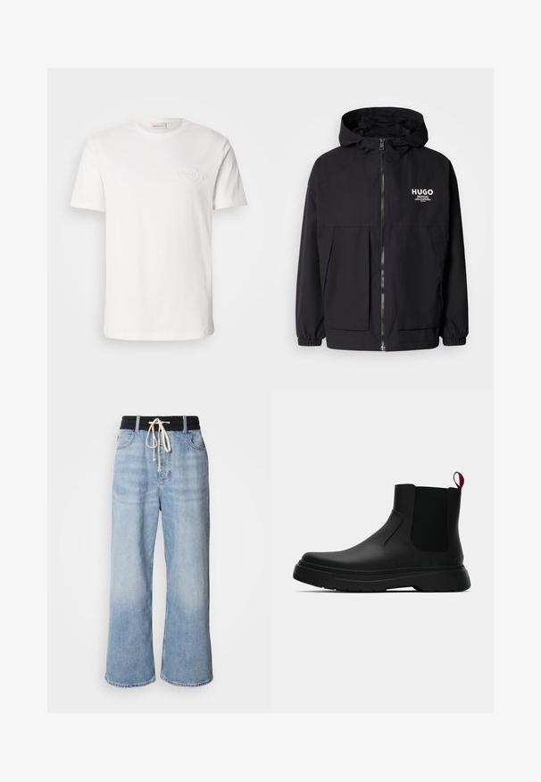Svart huva jacka med full dragkedja fram, elastiska ärmslut och dubbla framfickor. Tryckt logotyp på vänster bröst. Slät textur.; Vit bomulls t-shirt med korta ärmar, med en subtil präglad logotyp på bröstet. Klassisk rundhalsdesign, slät textur.; Ljusblå vida jeans med svart elastisk midja, med dragsko-stängning och klassisk femficksdesign.; Svarta ankelstövlar med en slät yta, elastiska sidopaneler och en kontrasterande röd dragflik, med en tjock gummisula och rund tå.