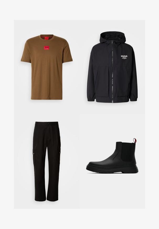 Must tumes jakk, millel on täispikktõmblukk, elastsed mansetid ja kaks esist pocketit. Prinditud logo vasakul rinnal. Sile tekstuur.; Pruun lühikeste varrukatega T-särk, mille keskel rinnal on punane ristkülikukujuline logo patch, millel on kiri "HUGO".; Mustad mustadeks rõivasteks mõeldud puuvillased püksid, millel on lõdva istuvuse disain, küljetaskud, nööbiga sulgemine ja sirged sääred. Lihtne disain ilma mustriteta.; Mustad musta värvi ankle boot, millel on sile viimistlus, elastsed külgpaneelid ja kontrastne punane tõmbetaba. Saapadel on paks kummist tald ja ümar varvas.