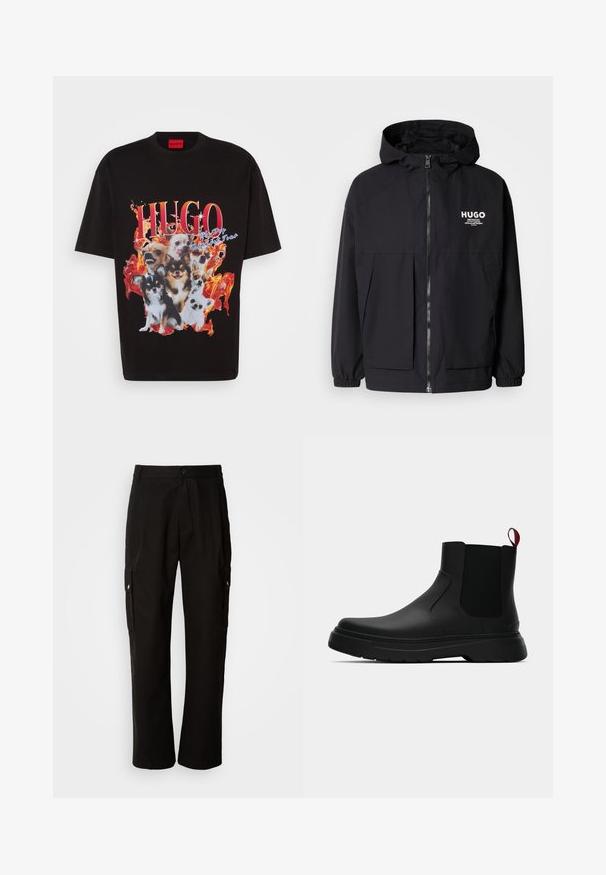 Melnā kapuce jaka ar pilnu priekšējo rāvējslēdzēju, elastīgām piedurknēm un divām priekšējām kabatām. Izdrukāts logo kreisajā krūtī. Gluda tekstūra.; Melna T-krekls ar dzīvotīgu grafiku, kas attēlo vairākus suņus pret ugunīgu fonu. "HUGO" izceltā veidā rakstīts bolder sarkanā tekstā.; Melnas kokvilnas kravas bikses ar brīvu piegriezumu, ar sānu kabatām, pogu aizdari un taisnām kājām. Vienkāršs dizains bez rakstiem.; Melnas potītes ar gludu apdari, elastīgiem sānu paneļiem un kontrastējošu sarkano cilpu, aprīkotas ar biezu gumijas zoli un noapaļotu purngalu.