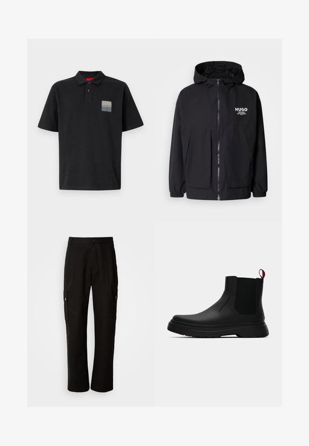 Svart huva jacka med full dragkedja fram, elastiska ärmslut och dubbla framfickor. Tryckt logotyp på vänster bröst. Slät textur.; Svart polotröja i bomull med krage med två knappar, korta ärmar och en grå rektangulär logotypapplikation på vänster bröst.; Svarta cargobyxor i bomull med avslappnad passform, utrustade med sidofickor, knapplås och raka ben. Enkelt design utan mönster.; Svarta ankelstövlar med en slät yta, elastiska sidopaneler och en kontrasterande röd dragflik, med en tjock gummisula och rund tå.
