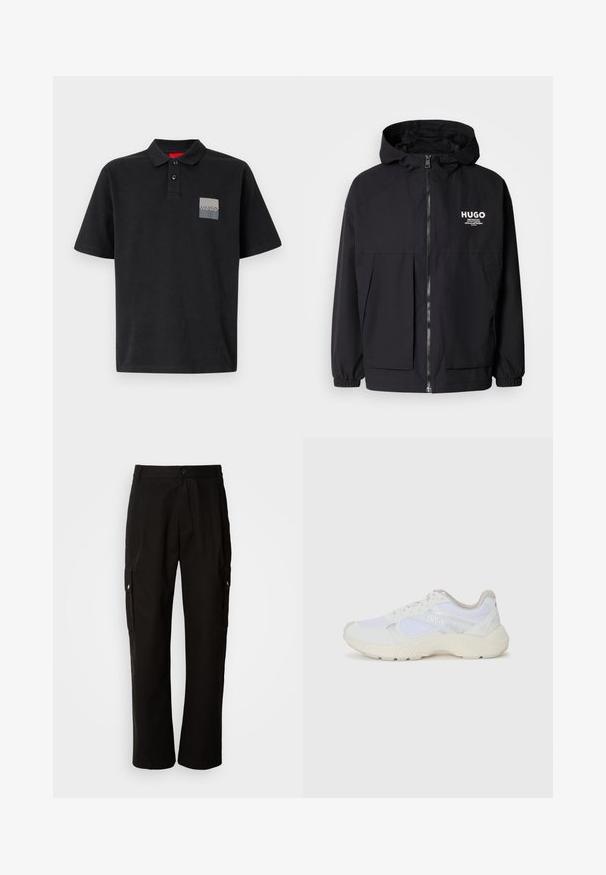 Juodas gobtuvas striukė su pilnu priekiniu užtrauktuku, elastinėmis rankovėmis ir dviem priekinėmis kišenėmis. Spausdintas logo ant kairės krūtinės. Lygus tekstūruotas paviršius.; Juodas polo marškinėliai, pagaminti iš medvilnės, su dviejų mygtukų apykakle, trumpomis rankovėmis ir pilku stačiakampiu logotipo užsiuvimu ant kairiojo krūtinės.; Juodos krovinių kelnės, pagamintos iš medvilnės, laisvo kirpimo, su šoninėmis kišenėmis, mygtuko uždarymu ir tiesiomis kojomis. Paprastas dizainas, be raštų.; Balti sportiniai bateliai, pagaminti iš tinklinės medžiagos ir zomšos, su tekstūruotu viduriu, tekstūruotais akcentais ir „HUGO“ logotipu šone.