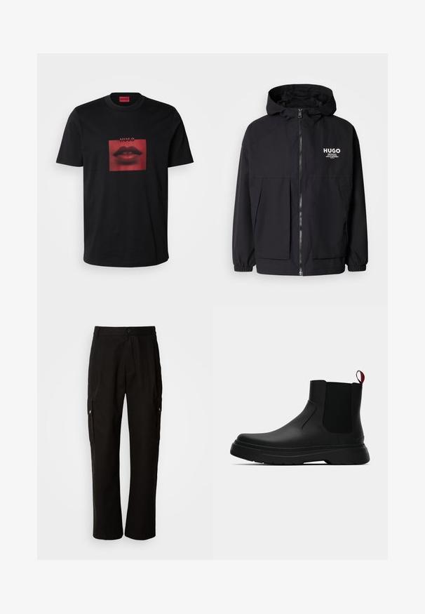 Juodas gobtuvas striukė su pilnu priekiniu užtrauktuku, elastinėmis rankovėmis ir dviem priekinėmis kišenėmis. Spausdintas logo ant kairės krūtinės. Lygus tekstūruotas paviršius.; Juodas medvilninis marškinėliai su raudonų lūpų grafiniu piešiniu kvadrate. Piešinys turi taškinį raštą ir viršuje rodo prekės ženklą "HUGO".; Juodos krovinių kelnės, pagamintos iš medvilnės, laisvo kirpimo, su šoninėmis kišenėmis, mygtuko uždarymu ir tiesiomis kojomis. Paprastas dizainas, be raštų.; Juodas kulkšninis batas su lygiu paviršiumi, elastiniais šonų intarpais ir kontrastingu raudonu kilimėliu, turintis storą guminį pado ir apvalią nosį.