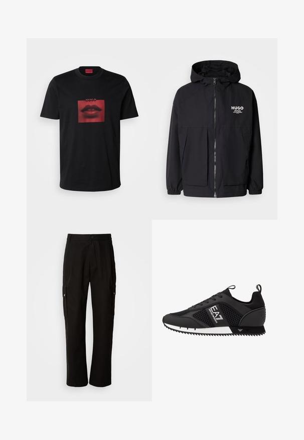 Czarna kurtka z kapturem z pełnym zamkiem z przodu, elastycznymi mankietami i podwójnymi kieszeniami z przodu. Drukowane logo na lewej piersi. Gładka faktura.; Czarna bawełniana koszulka z graficznym nadrukiem czerwonych ust w kwadracie. Nadruk ma kropkowany wzór i wyświetla markę "HUGO" u góry.; Czarne spodnie cargo wykonane z bawełny, o luźnym kroju, z bocznymi kieszeniami, z zapięciem na guzik i prostymi nogawkami. Prosty design bez wzorów.; EA7 Emporio Armani BLACK&WHITE LACES czarny
