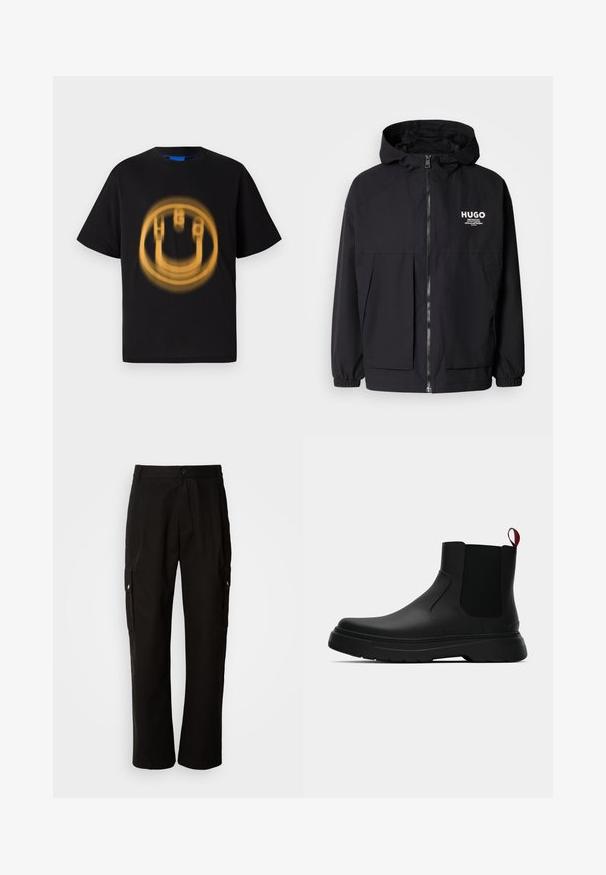 Chaqueta negra con capucha que presenta un cierre frontal completo, puños elásticos y dos bolsillos frontales. Logo impreso en el lado izquierdo del pecho. Textura suave.; Camiseta de algodón negra con mangas cortas que presenta un gráfico circular, amarillento y desgastado de una cara sonriente en el frente.; Pantalones cargo negros de algodón con un corte relajado, que cuentan con bolsillos laterales, cierre de botón y perneras rectas. Diseño simple sin patrones.; Botín negro con un acabado liso, paneles laterales elásticos y una lengüeta de tirón roja contrastante, que presenta una suela de goma gruesa y punta redondeada.