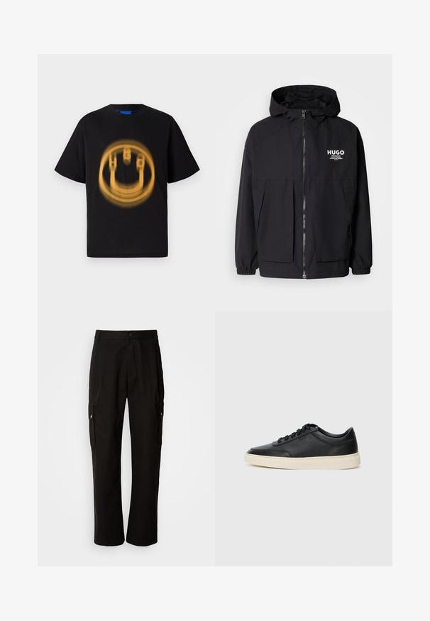 Μαύρο μπουφάν με κουκούλα που διαθέτει πλήρες μπροστινό φερμουάρ, ελαστικές μανσέτες και διπλές μπροστινές τσέπες. Εκτυπωμένο λογότυπο στο αριστερό στήθος. Απαλή υφή.; Μαύρο βαμβακερό μπλουζάκι με κοντά μανίκια που διαθέτει έναν κυκλικό, ξεθωριασμένο κίτρινο γραφικό με ένα χαμογελαστό πρόσωπο στη μπροστινή πλευρά.; Μαύρο cargo παντελόνι από βαμβάκι με χαλαρή εφαρμογή, διαθέτει πλαϊνές τσέπες, κλείσιμο με κουμπί και ίσια πόδια. Απλό σχέδιο χωρίς μοτίβα.; Μαύρο δερμάτινο σνίκερ χαμηλού προφίλ με μαύρες κορδόνες και ελαφρώς λευκή σόλα, εμφανίζεται σε πλάγια προφίλ σε λευκό φόντο.