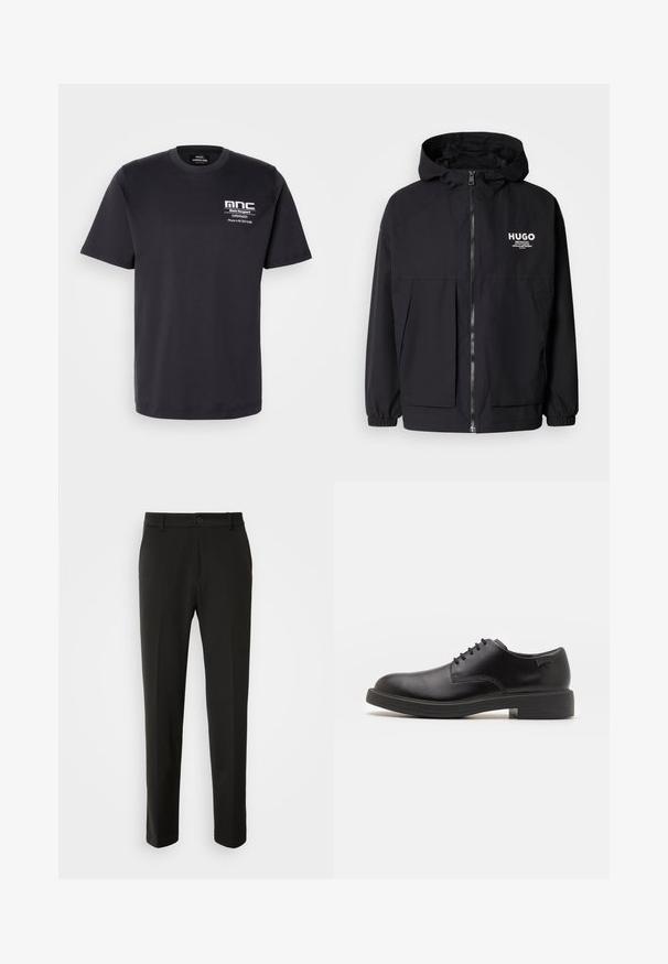 Sort hættejakke med lynlås foran, elastiske manchetter og to foran lommer. Trykt logo på venstre bryst. Glat tekstur.; Sort bomulds T-shirt med korte ærmer, rund halsudskæring og brystprint med "mnc" samt kontaktoplysninger i hvidt. Klassisk pasform.; Sorte bukser lavet af glat stof, med lige ben, en knaplukning og et klassisk design, der er velegnet til både formelt og uformelt brug.; Sorte læder snørestøvle med rund tå, glat tekstur, minimal syning og lav gummihæl. Logo på hælen.