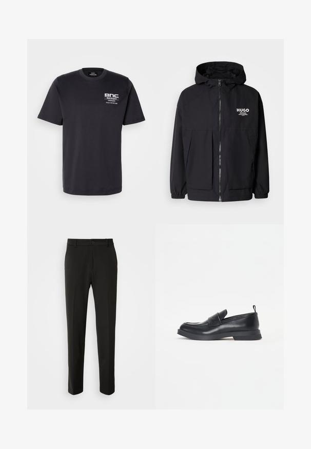 Must tumes jakk, millel on täispikktõmblukk, elastsed mansetid ja kaks esist pocketit. Prinditud logo vasakul rinnal. Sile tekstuur.; Mustmustest musterin, lühikeste varrukatega, ümmarguse kaelusega ja rindadele trükitud valgega "mnc" ja kontaktandmed. Klassikaline sobivus.; Mustad püksid siledast kangast, sirgete jalgadega, nupuvõtme sulgemisega ja klassikaline disain, sobiv nii ametlikeks kui ka igapäevasteks kandmiseks.; Mustad mustad kingad ümarate varvastega, esiosa rihmaga ja madala kummitaldiga. Hästi peene õmblusega ja taga on tõmblauad.