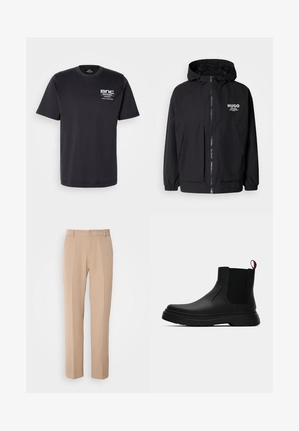 Mustat hupparitakki, jossa on täysipituinen vetoketju, joustavat hihansuut ja kaksinkertaiset etupussit. Vasemmassa rinnassa painettu logo. Sileä tekstuuri.; Mustat puuvillapaidat, joissa on lyhyet hihat, pyöreä kaula-aukko ja rintatuloste, jossa on "mnc" ja yhteystiedot valkoisena. Klassinen leikkaus.; Beige housut, jotka on valmistettu sileästä kankaasta, suoralahkeiset malli, edessä nappisuljenta ja hienovaraiset taitokset edessä.; Musta nilkkuri, jossa on sileä pinta, elastiset sivupaneelit ja erottuva punainen vetonauha, paksu kumipohja ja pyöristetty varvas.