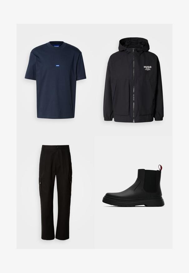 Černá kapucňová bunda s plným předním zipem, elastickými manžetami a dvojitými předními kapsami. Tištěné logo na levém prsu. Hladká textura.; Námořnická modrá bavlněná tričko se stojáčkem, krátkým rukávem a malým modrým logem na hrudi. Hladká textura, volný střih.; Černé cargo kalhoty vyrobené z bavlny s uvolněným střihem, vybavené bočními kapsami, zapínáním na knoflík a rovnými nohavicemi. Jednoduchý design bez vzorů.; Černé kotníkové boty s hladkým povrchem, elastickými bočními panely a kontrastním červeným poutkem, s tlustou gumovou podrážkou a zaoblenou špičkou.