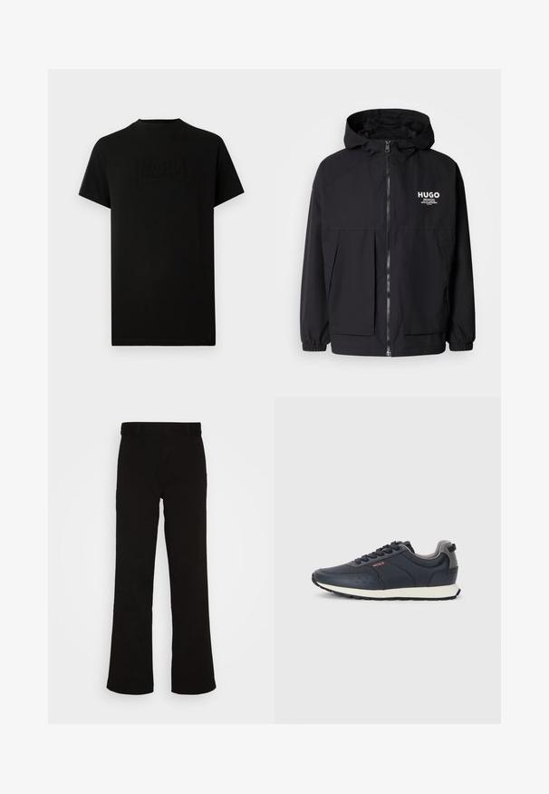Svart hettegenser med full frontglidelås, elastiske mansjetter og doble frontlommer. Trykt logo på venstre bryst. Glatt tekstur.; Svart T-skjorte med kort erm og rund hals, med preget "KARL LAGERFELD" logo sentrert på brystet.; Svarte vidde bukser laget av bomull med en glatt tekstur. Har flat front og standard midje uten synlig maskinvare.; Marineblå sneakers med en glatt syntetisk overdel, rund tå, grå detaljer, snøring, og en hvit mellomsole med en teksturert svart yttersåle.