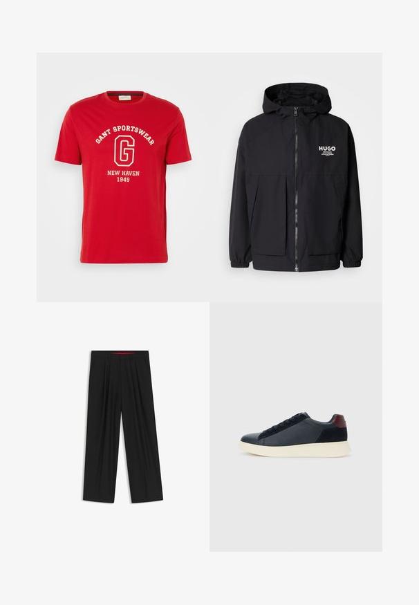 Black hooded jacket featuring a full front zip, elastic cuffs, and dual front pockets. Printed logo on the left chest. Smooth texture.; Red short-sleeve t-shirt made of cotton, featuring a white text print of "GANT SPORTSWEAR," and "NEW HAVEN 1949" in a classic font.; Black wide-leg trousers with a flat front, two side pockets, pleated design, and a contrasting red interior waistband.; Low-top men's sneaker in black leather and suede with maroon heel tab and white rubber sole, viewed from the outer side.