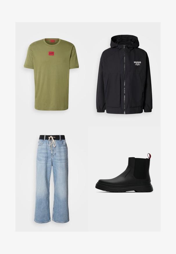 Sort hættejakke med lynlås foran, elastiske manchetter og to foran lommer. Trykt logo på venstre bryst. Glat tekstur.; HUGO DIRAGOLINO - T-shirts basic - open green; Lysblå wide-leg jeans med en sort elastisk talje, der har bindebånd og klassisk fem-lomme design.; Sort ankelstøvle med en glat overflade, elastiske sidepaneler og en kontrasterende rød træksløjfe, der har en tyk gummisål og rund tå.