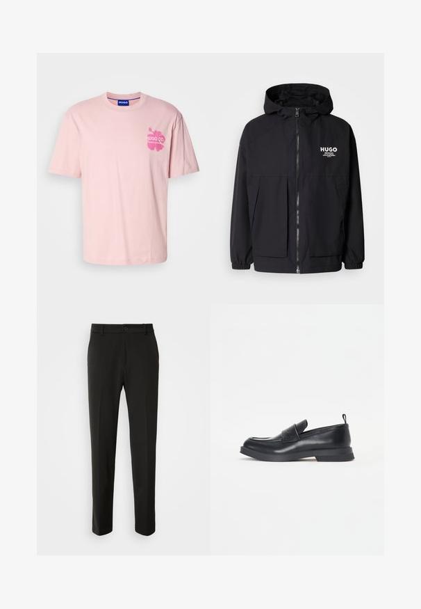 Juodas gobtuvas striukė su pilnu priekiniu užtrauktuku, elastinėmis rankovėmis ir dviem priekinėmis kišenėmis. Spausdintas logo ant kairės krūtinės. Lygus tekstūruotas paviršius.; Šviesiai rožinė medvilninė marškinėliai su apvaliu kaklu, trumpomis rankovėmis ir krūtinės spauda, kurioje yra "HUGO CO." baltu ir rožiniu rašalu.; Juodi kelnes, pagamintos iš lygaus audinio, su tiesiomis kojomis, mygtuko uždarymu ir klasikiniu dizainu, tinkamu tiek formaliai, tiek kasdienei aprangai.; Juodų odinių loaferių su apvaliu pirštu, priekinio dirželio detalėmis ir žemu guminio pado. Savybė - subtilus siuvinėjimas ir galinis tamprinis kilpos gaminys.