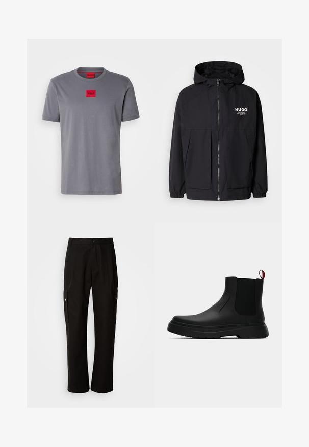 Zwarte hoodie-jack met een volledige rits aan de voorkant, elastische manchetten en twee voorzakken. Gedrukt logo op de linkerborst. Glad textuur.; Grijze T-shirt met korte mouwen van katoen, met een klein rood rechthoekig logo met "HUGO" gecentreerd op de borst. Ronde halslijn.; Zwarte cargobroek van katoen met een relaxte pasvorm, voorzien van zijzakken, een knoopsluiting en rechte pijpen. Eenvoudig ontwerp zonder patronen.; Zwarte enkelboot met een gladde afwerking, elastische zijpanelen en een contrasterende rode treklus, met een dikke rubberen zool en een afgeronde teen.