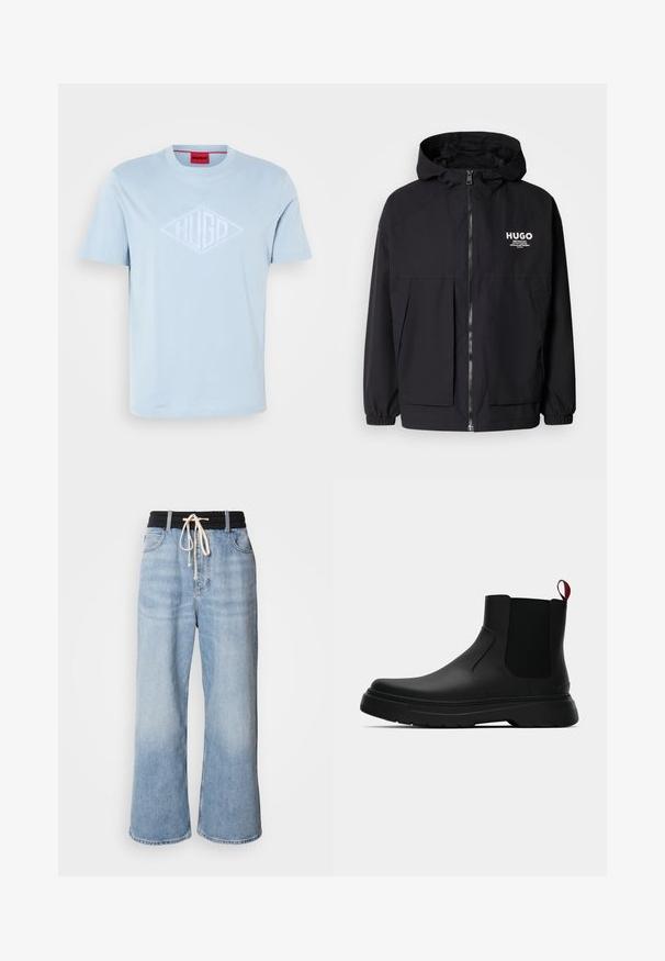 Melnā kapuce jaka ar pilnu priekšējo rāvējslēdzēju, elastīgām piedurknēm un divām priekšējām kabatām. Izdrukāts logo kreisajā krūtī. Gluda tekstūra.; Gaiši zils kokvilnas T-krekls ar īsām piedurknēm un apaļu kakla izgriezumu. Ar izspiestu diamantveida logotipu baltā krāsā ar uzrakstu "HUGO."; Gaiši zili plati bikses ar melnu elastīgu jostu, kam ir aukliņas aizdare un klasiskā piecu kabatu dizains.; Melnas potītes ar gludu apdari, elastīgiem sānu paneļiem un kontrastējošu sarkano cilpu, aprīkotas ar biezu gumijas zoli un noapaļotu purngalu.
