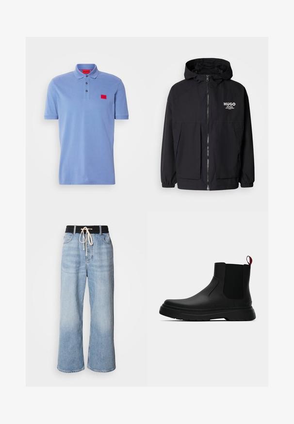 Černá kapucňová bunda s plným předním zipem, elastickými manžetami a dvojitými předními kapsami. Tištěné logo na levém prsu. Hladká textura.; Světlomodré polo tričko z bavlny, s knoflíkovou légou na tři knoflíky, žebrovaným límcem a kontrastní červenou nášivkou na hrudi.; Světle modré široké džíny s černým elastickým pasem, s šňůrkovým uzávěrem a klasickým designem s pěti kapsami.; Černé kotníkové boty s hladkým povrchem, elastickými bočními panely a kontrastním červeným poutkem, s tlustou gumovou podrážkou a zaoblenou špičkou.