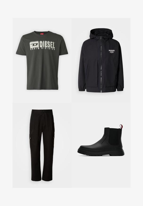 Black hooded jacket featuring a full front zip, elastic cuffs, and dual front pockets. Printed logo on the left chest. Smooth texture.; Dark gray cotton T-shirt featuring a white graphic reading "DIESEL" with a blurred effect. Crew neckline, short sleeves, and regular fit.; Black cargo pants made of cotton with a relaxed fit, featuring side pockets, a button closure, and straight legs. Simple design without patterns.; Black ankle boot with a smooth finish, elastic side panels, and a contrasting red pull tab, featuring a thick rubber sole and rounded toe.