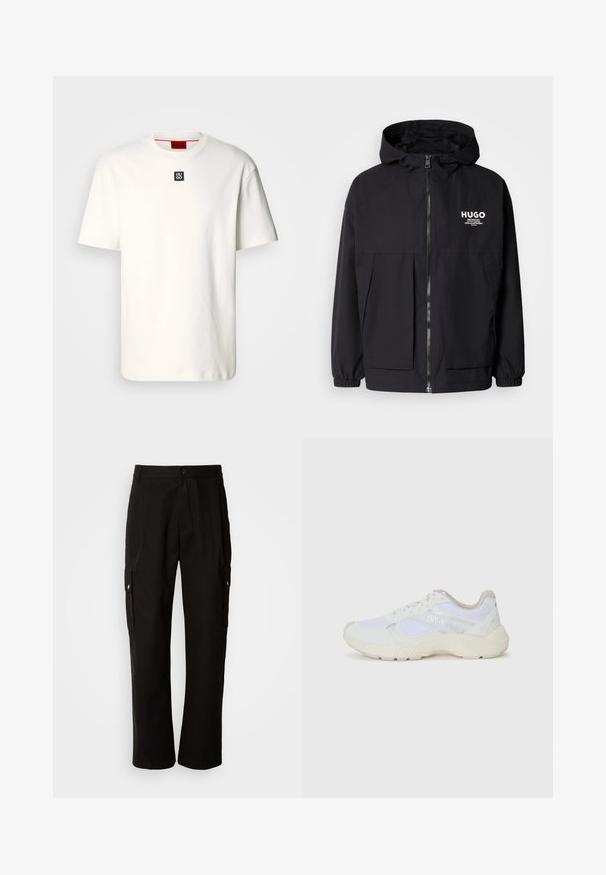 Schwarze Kapuzenjacke mit einem durchgehenden Reißverschluss an der Vorderseite, elastischen Bündchen und zwei vorderen Taschen. Bedrucktes Logo auf der linken Brust. Glatte Textur.; Weißes Baumwoll-T-Shirt mit Rundhalsausschnitt, kurzen Ärmeln und einem kleinen schwarzen Quadratlabeled mit "HUGO" auf der Brust. Schlichte Gestaltung, weiche Textur.; Schwarze Cargo-Hosen aus Baumwolle mit lockerem Schnitt, seitlichen Taschen, Knopfverschluss und geradem Bein. Einfaches Design ohne Muster.; Weiße Sportschuhe aus Mesh und Wildleder, mit einer strukturierten Zwischensohle, strukturierten Akzenten und dem "HUGO"-Logo an der Seite.