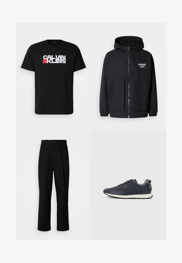 Black hooded jacket featuring a full front zip, elastic cuffs, and dual front pockets. Printed logo on the left chest. Smooth texture.; Black cotton t-shirt featuring bold white and red "CALVIN KLEIN" logo across the chest. Short sleeves and crew neck design.; Black straight-leg trousers with a buttoned waistband, belt loops, and front crease, displayed against a plain white background.; Navy blue sneakers with a smooth synthetic upper, rounded toe, gray accents, lace-up design, and a white midsole with a textured black outsole.