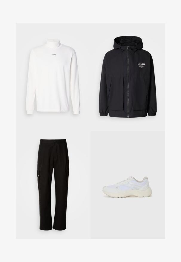 Must tumes jakk, millel on täispikktõmblukk, elastsed mansetid ja kaks esist pocketit. Prinditud logo vasakul rinnal. Sile tekstuur.; Valge pikkade varrukatega kõrge kaelusega t-särk, mis on valmistatud pehmest kangast, esitades ees diskreetset musta "HUGO" logo, sobivate mansettidega.; Mustad mustadeks rõivasteks mõeldud puuvillased püksid, millel on lõdva istuvuse disain, küljetaskud, nööbiga sulgemine ja sirged sääred. Lihtne disain ilma mustriteta.; Valged sportlikud jalanõud, mis on valmistatud võrkkangast ja seemisnahast, sisaldavad tekstureeritud vahetald, tekstureeritud aktsentide ning küljes oleva "HUGO" logo.