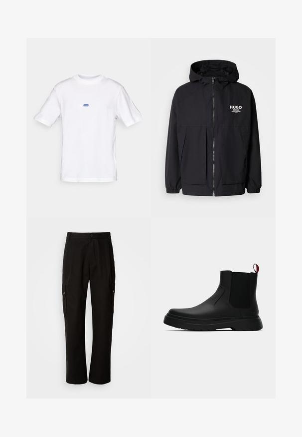Jachetă neagră cu glugă, având un fermoar complet pe față, manșete elastice și două buzunare frontale. Logo imprimat pe partea stângă a pieptului. Textură netedă.; Tricou alb din bumbac, cu mâneci scurte, guler rotund și un mic etichetă albastră "HUGO" pe pieptul superior. Textură netedă, croială clasică.; Pantaloni cargo negri din bumbac, cu o croială lejeră, având buzunare laterale, închidere cu nasture și picioare drepte. Design simplu, fără modele.; Botine negre până la gleznă, cu un finisaj neted, panouri laterale elastice și un tab de prindere roșu contrastant, având o talpă groasă din cauciuc și vârf rotunjit.
