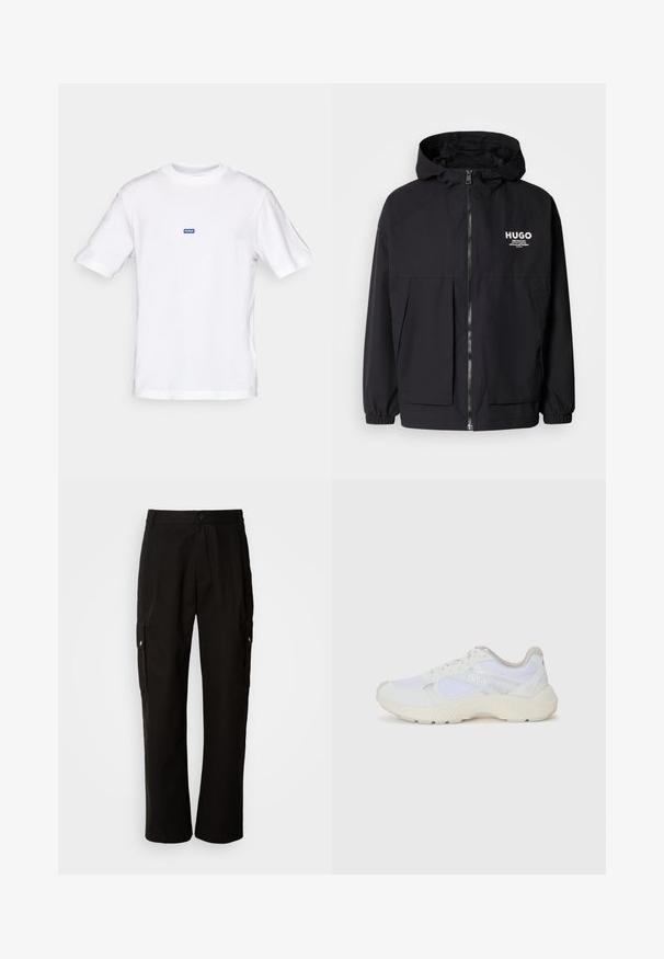 Czarna kurtka z kapturem z pełnym zamkiem z przodu, elastycznymi mankietami i podwójnymi kieszeniami z przodu. Drukowane logo na lewej piersi. Gładka faktura.; Biała bawełniana koszulka z krótkim rękawem, okrągłym dekoltem i małą niebieską metką "HUGO" na górnej części klatki piersiowej. Gładka faktura, klasyczny krój.; Czarne spodnie cargo wykonane z bawełny, o luźnym kroju, z bocznymi kieszeniami, z zapięciem na guzik i prostymi nogawkami. Prosty design bez wzorów.; Białe sportowe buty wykonane z siateczki i zamszu, z teksturowaną podeszwą środkową, teksturowanymi akcentami i logo "HUGO" z boku.