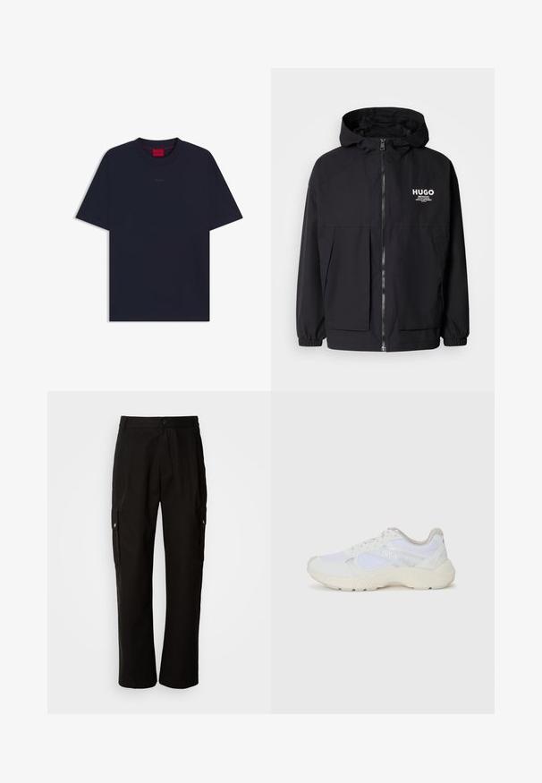 Juodas gobtuvas striukė su pilnu priekiniu užtrauktuku, elastinėmis rankovėmis ir dviem priekinėmis kišenėmis. Spausdintas logo ant kairės krūtinės. Lygus tekstūruotas paviršius.; Tamsiai mėlyna trumpomis rankovėmis marškinėliai su apvalia iškirpte, priekyje subtilus "HUGO" tekstas ir raudonas prekės ženklo etiketė apykaklės viduje.; Juodos krovinių kelnės, pagamintos iš medvilnės, laisvo kirpimo, su šoninėmis kišenėmis, mygtuko uždarymu ir tiesiomis kojomis. Paprastas dizainas, be raštų.; Balti sportiniai bateliai, pagaminti iš tinklinės medžiagos ir zomšos, su tekstūruotu viduriu, tekstūruotais akcentais ir „HUGO“ logotipu šone.