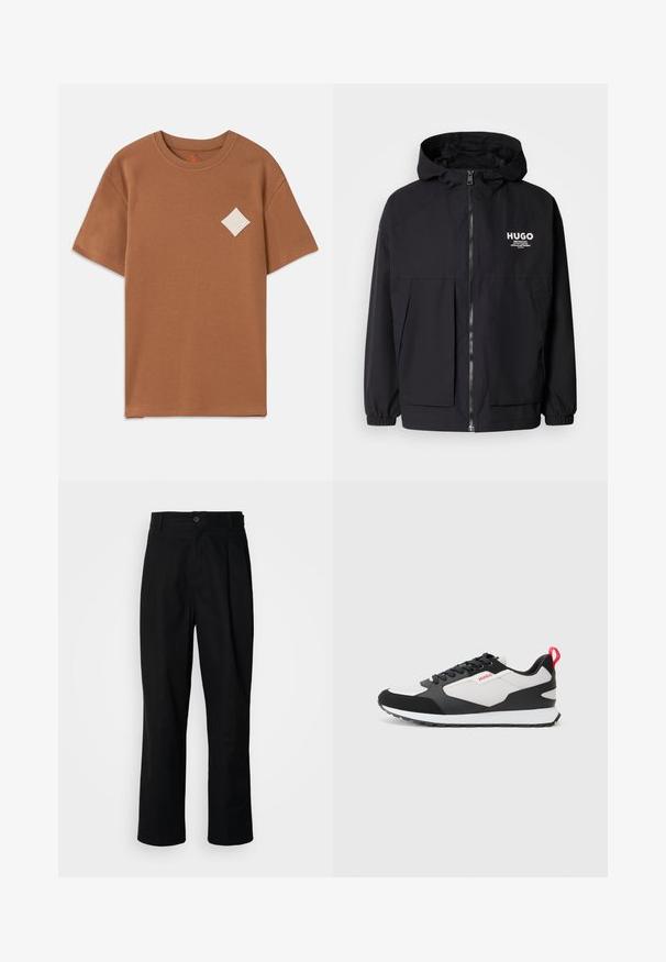 Mustat hupparitakki, jossa on täysipituinen vetoketju, joustavat hihansuut ja kaksinkertaiset etupussit. Vasemmassa rinnassa painettu logo. Sileä tekstuuri.; Ruskea puuvillainen t-paita lyhyillä hihoilla, pyöreällä kaula-aukolla ja vasemmalla rinnassa valkoinen timanttilogo-patch.; Mustat suorat housut napillisella vyötäröllä, vyölenkeillä ja etukaanneksilla, esitelty vaaleaa taustaa vasten.; Mustat ja valkoiset lenkkitossut, joissa on samettinen ja verkkomateriaali yläosa, punainen vetotappi ja teksturoitu pohja. Nauhallinen muotoilu logo-yksityiskohdalla.