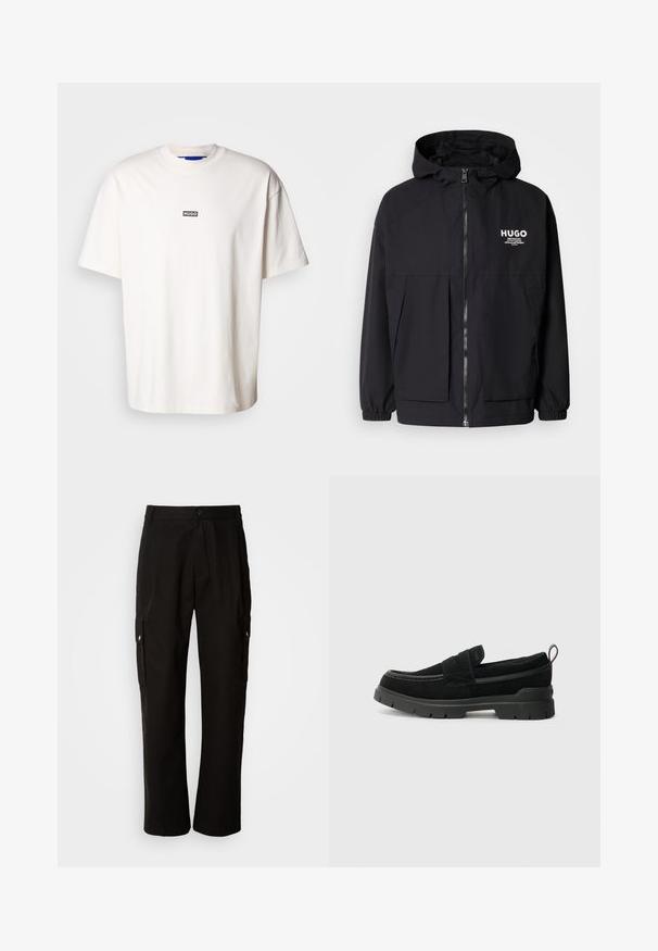 Black hooded jacket featuring a full front zip, elastic cuffs, and dual front pockets. Printed logo on the left chest. Smooth texture.; White cotton t-shirt with a crew neck and short sleeves, featuring a small black rectangle logo reading "HUGO" on the chest.; Black cargo pants made of cotton with a relaxed fit, featuring side pockets, a button closure, and straight legs. Simple design without patterns.; Black suede slip-on shoes with a thick black rubber sole, featuring a top strap and contrasting stitching detail.