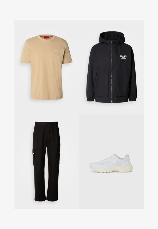 Svart hettegenser med full frontglidelås, elastiske mansjetter og doble frontlommer. Trykt logo på venstre bryst. Glatt tekstur.; Beige bomull t-skjorte med rund hals, korte ermer og en liten hvit "HUGO" logo på brystet. Glatt tekstur uten mønster.; Svart cargobukse laget av bomull med avslappet passform, med sidelommer, knappeåpning og rette ben. Enkelt design uten mønstre.; Hvit idrettssko laget av mesh og skinn, med en teksturert mellomsåle, teksturerte detaljer og "HUGO"-logo på siden.