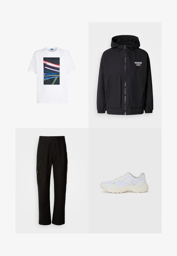 Svart hettegenser med full frontglidelås, elastiske mansjetter og doble frontlommer. Trykt logo på venstre bryst. Glatt tekstur.; Hvit bomulls t-skjorte med et sentralt rektangulært grafikk med fargerike lysstriper i rødt, blått og grønt mot en svart bakgrunn.; Svart cargobukse laget av bomull med avslappet passform, med sidelommer, knappeåpning og rette ben. Enkelt design uten mønstre.; Hvit idrettssko laget av mesh og skinn, med en teksturert mellomsåle, teksturerte detaljer og "HUGO"-logo på siden.