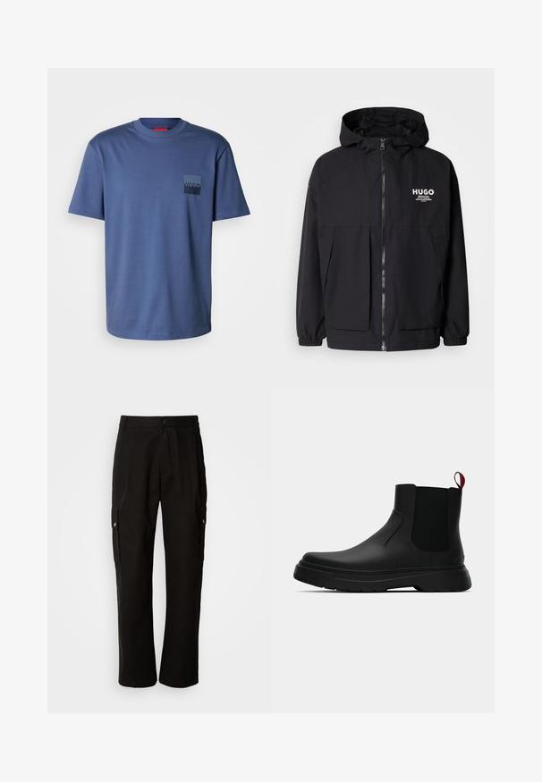 Juodas gobtuvas striukė su pilnu priekiniu užtrauktuku, elastinėmis rankovėmis ir dviem priekinėmis kišenėmis. Spausdintas logo ant kairės krūtinės. Lygus tekstūruotas paviršius.; Mėlyna trumparankovė marškinėliai pagaminti iš minkštos medvilnės, su kvadratine kišenėle, ant kurios yra tamsiai mėlynas logotipas. Klasikinio apvalaus kaklo dizainas.; Juodos krovinių kelnės, pagamintos iš medvilnės, laisvo kirpimo, su šoninėmis kišenėmis, mygtuko uždarymu ir tiesiomis kojomis. Paprastas dizainas, be raštų.; Juodas kulkšninis batas su lygiu paviršiumi, elastiniais šonų intarpais ir kontrastingu raudonu kilimėliu, turintis storą guminį pado ir apvalią nosį.