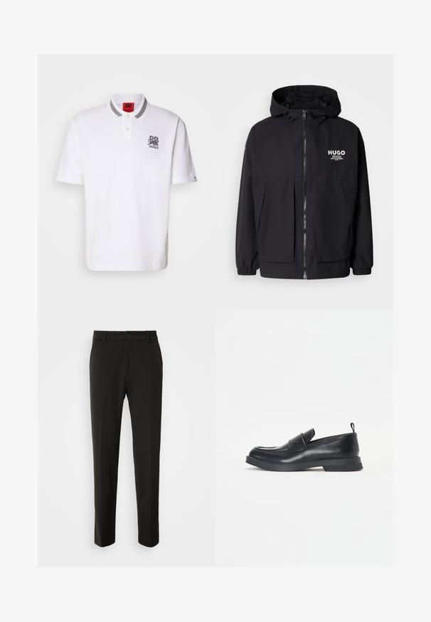 Sort hættejakke med lynlås foran, elastiske manchetter og to foran lommer. Trykt logo på venstre bryst. Glat tekstur.; Hvid polo-shirt lavet af bomuld med en to-knaps plissé, grå stribede krave og et sort broderet logo på venstre bryst.; Sorte bukser lavet af glat stof, med lige ben, en knaplukning og et klassisk design, der er velegnet til både formelt og uformelt brug.; Sorte læder loafers med rund tå, frontrem detalje og en lav gummisål. Har diskret syninger og en bageste trækstrop.
